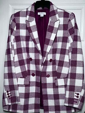 Liz Claiborne Plum and White Plaid Double-Breasted Blazer